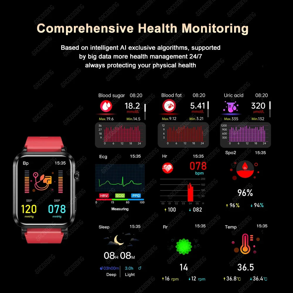 S11 1.92 inch HD Screen Air pump+Airbag Detachable Smart Band ECG Blood Glucose Blood Lipid Measurement AI Medical Diagnosis Heart Rate Blood Pressure Blood Oxygen Monitor Sleep Monitoring Multi-sport Modes Music Playback Smart Watch